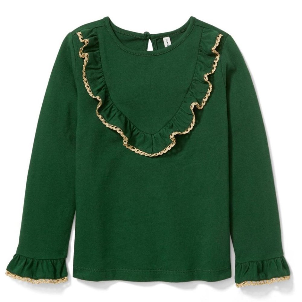 NWT Janie and Jack Shimmer Trim Ruffle Top - Pine Green - Size 4